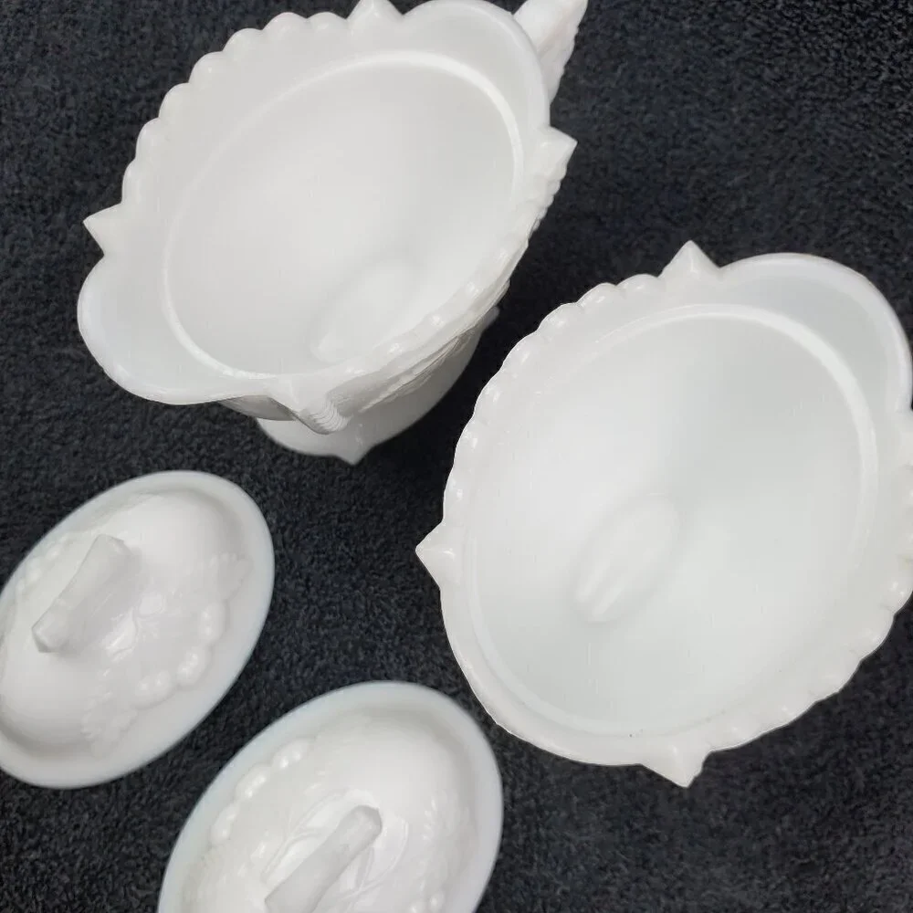 Westmoreland Milk Glass Creamer and Sugar Set Lidded Vintage “Cherry & Grape”